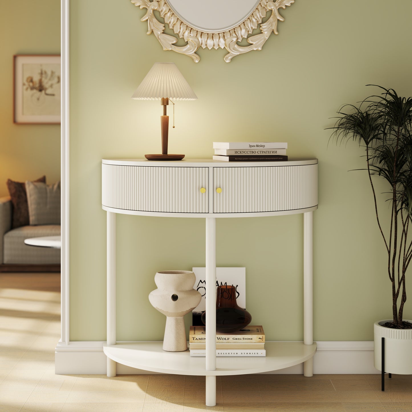 Artisan-Crafted Wave-Pattern Demi-Lune Console Table With Creamy White Finish,Unique Half Moon Design End Table With 2 Storage Drawers And Bottom Shelf For Living Room, Bedroom, Study, Hallway