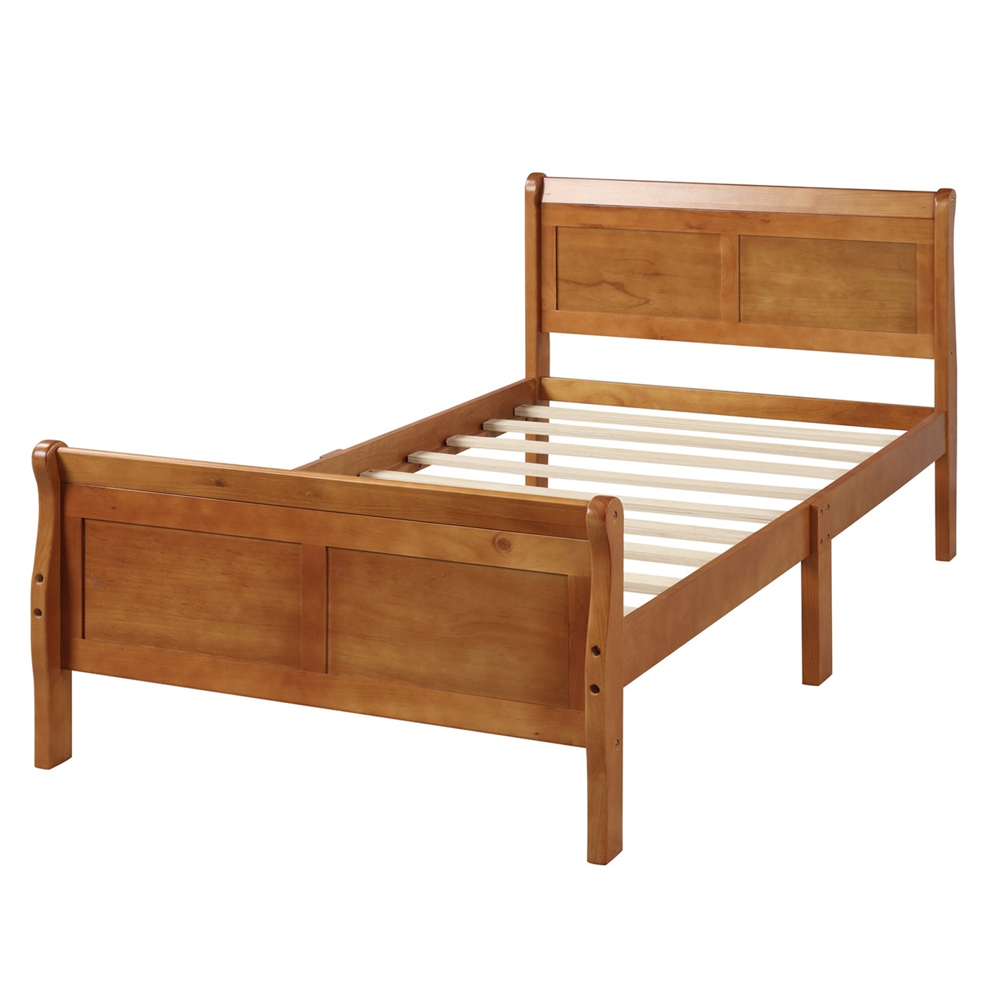 Wood Platform Twin Bed Frame, Sleigh Design With Headboard Footboard, Wood Slat