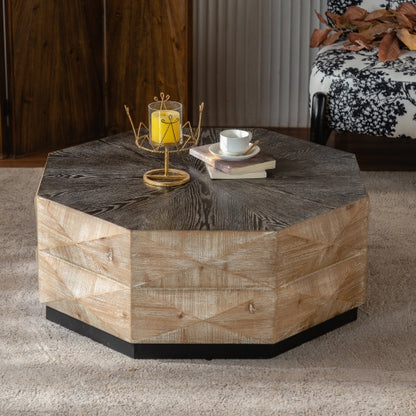 Octagon Coffee Table,38 Retro Style Wood Center Table With Three-Dimensional Embossed Pattern,Rustic Cocktail Table Center Large Circle Coffee Table For Living Room Home