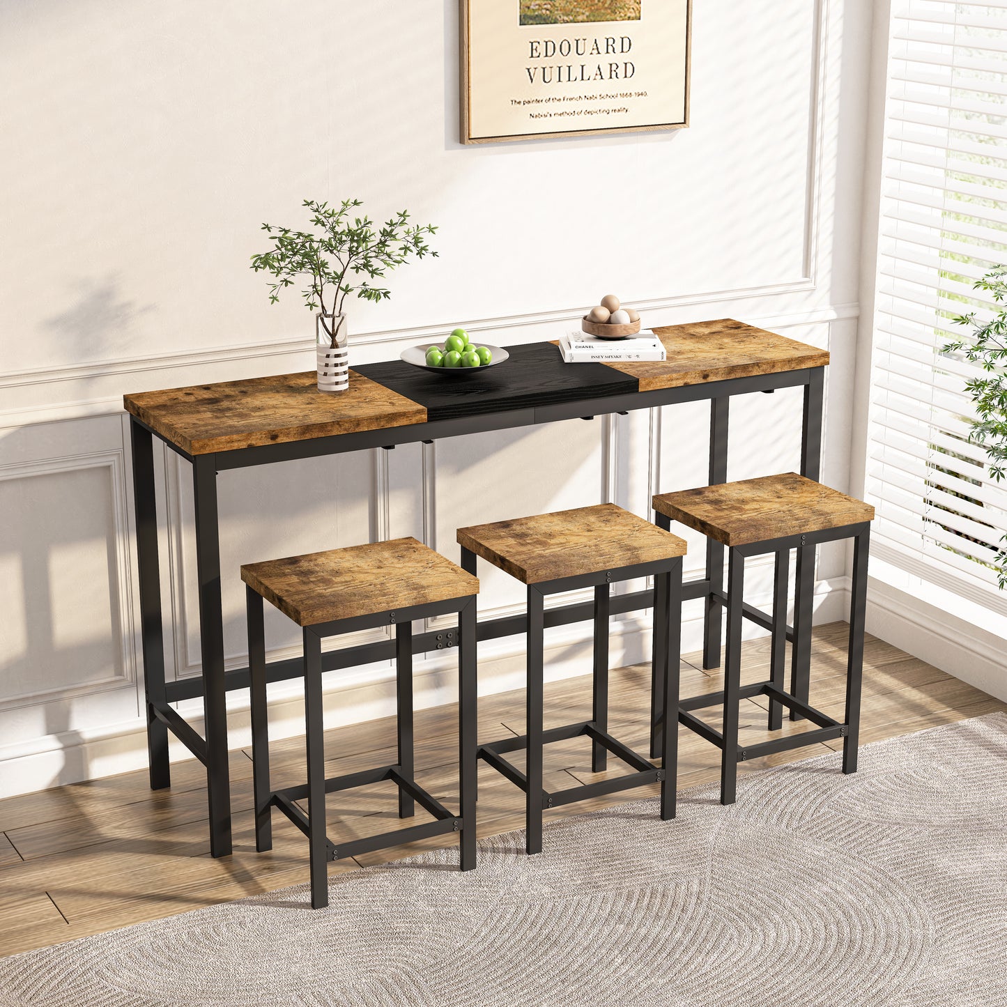 Modern Design Kitchen Dining Table, Pub Table, Long Dining Table Set With 3 Stools, Convenient Hanging Stool Design, Natural Black,