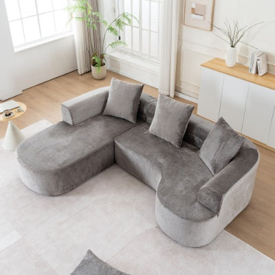 Grey Corduroy Sectional Sofa L-Shape No-Assembly