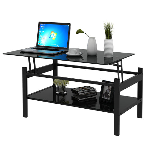 Glass Lift Top Coffee Table, Modern Simple 2-Layer Tempered Glass Coffee Table For Living Room, Black