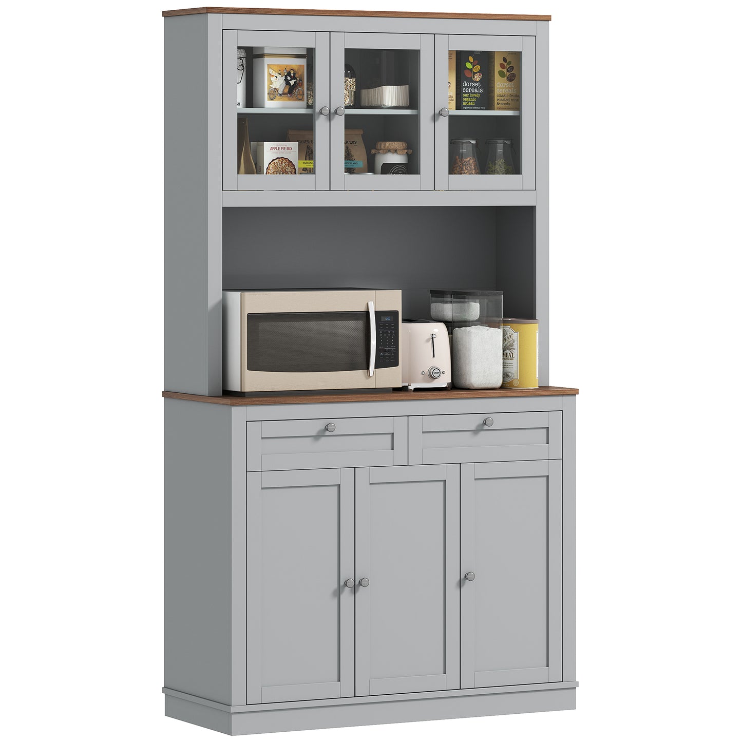 71 Kitchen Pantry Cabinet With Microwave Stand, Kitchen Hutch With 2 Drawers And Adjustable Shelves, Gray