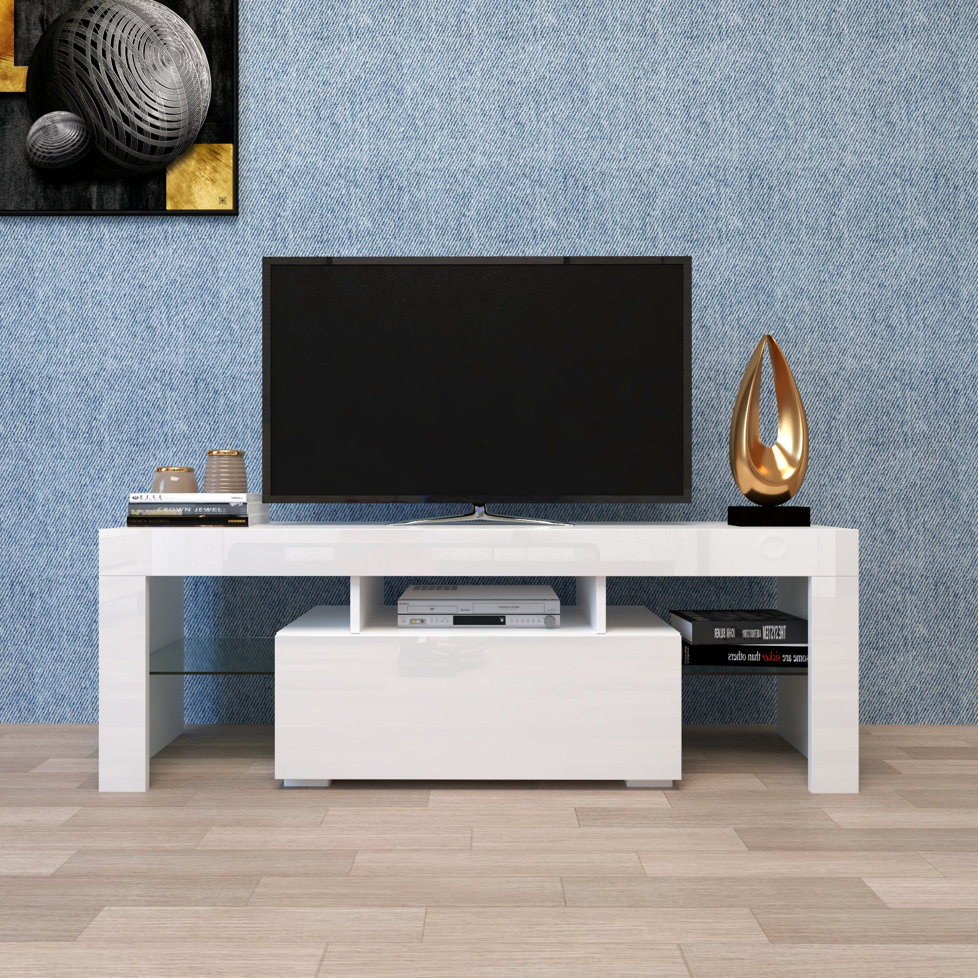 White Modern TV Stand LED Lighting 50-59in