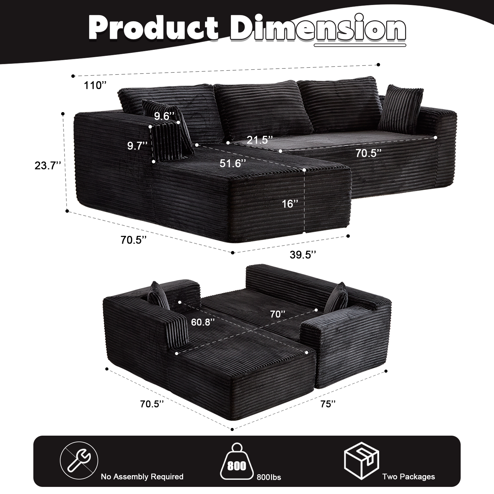 Black Corduroy Sectional Sofa