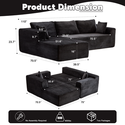 Compression Sectional Couch With Comfy Chaise, Boneless L Shape Sofa With Deep Seat, Minimalist Modular Couches Sleeper For Living Room Bedroom Apartment Lounge,corduroy,Black