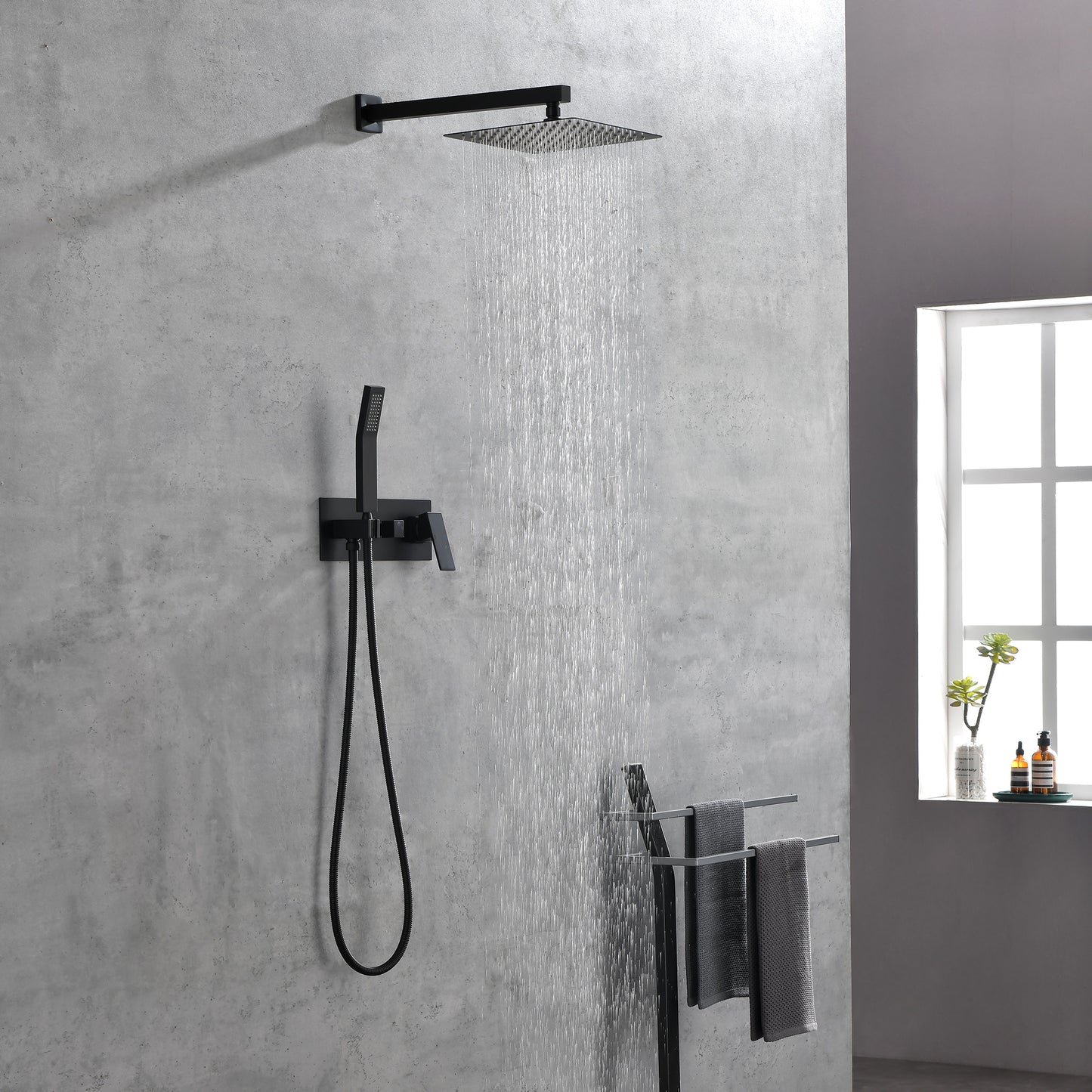 Brass Matte Black Shower Faucet With Shower System, 10 Inch Shower Head And Handheld Spray Bathroom Deluxe Faucet Combination