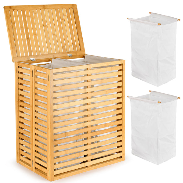 Bamboo Laundry Basket With Lid - Foldable Laundry Basket With 2 Sections Of Removable Lined Pockets For Bathroom, Bedroom And Laundry