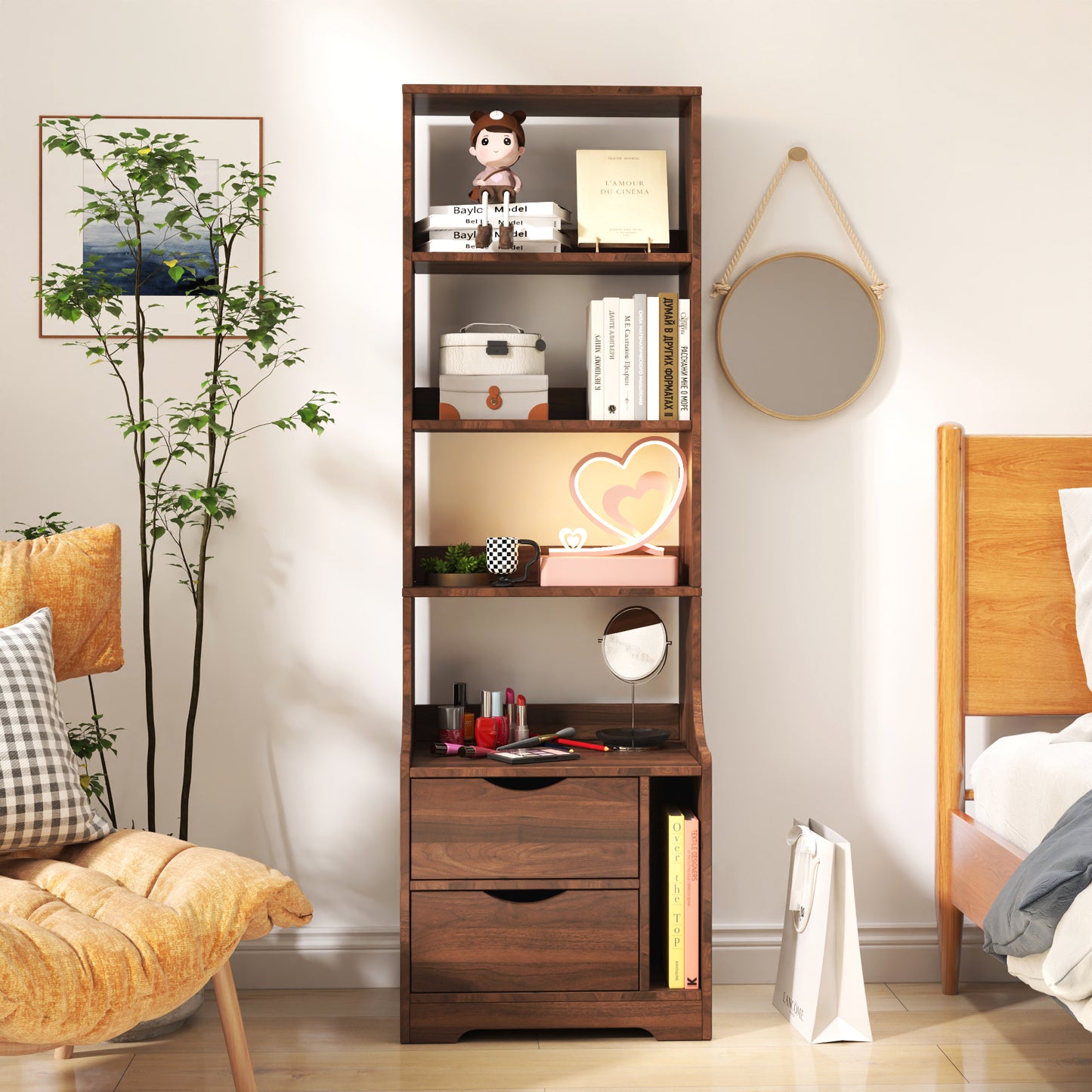 Night Stand With Bookshelf, Night Stand With 2 Storage Drawers For Bedroom