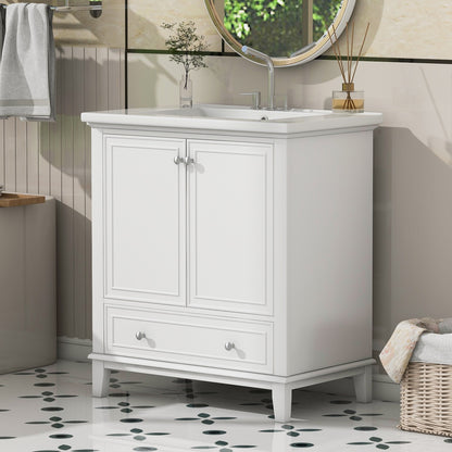 30 Bathroom Vanity With Sink Combo, Multi-functional Bathroom Cabinet With Doors And Drawer, Solid Frame And MDF Board, White