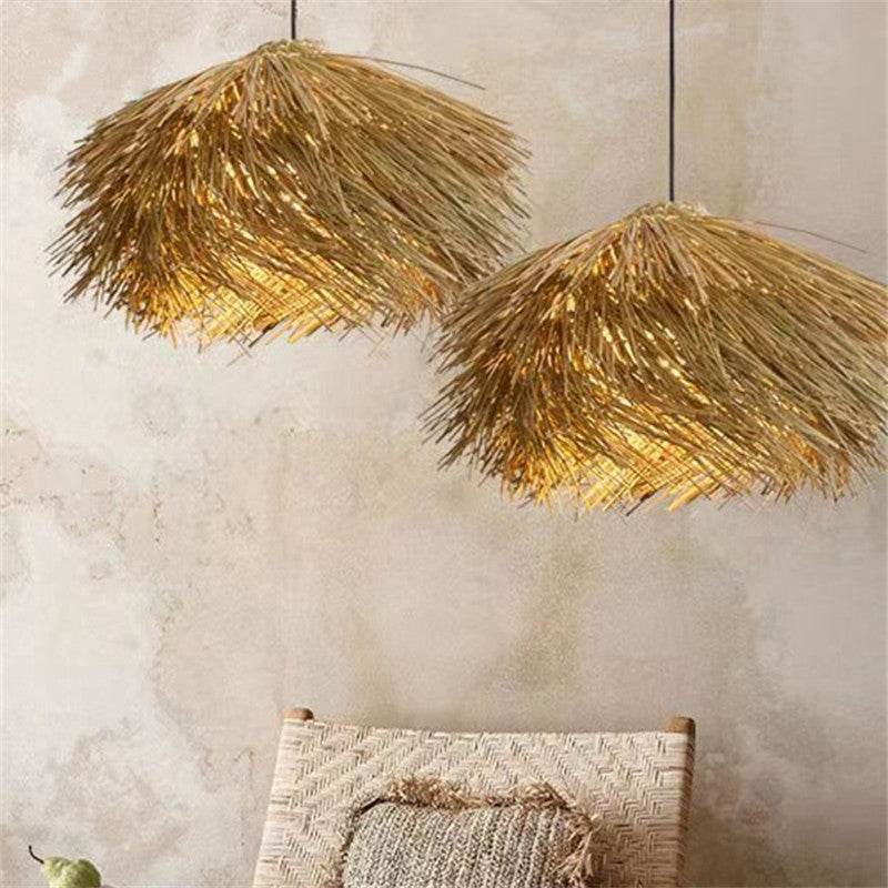 Japanese Wabi Sabi Style Rattan Woven Straw Hat Pendant Light
