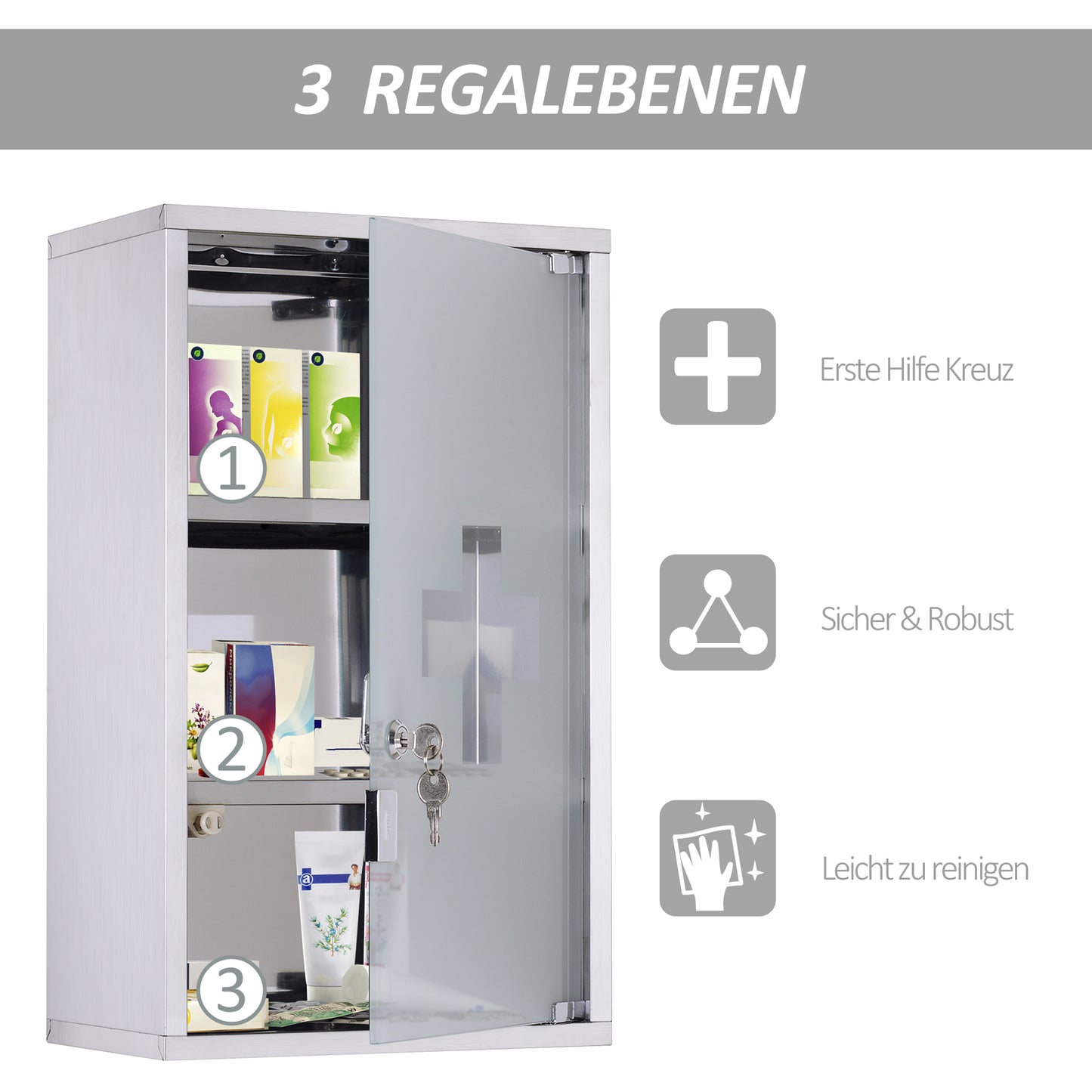 Medicine Cabinet Lockable 12x20, Stainless Steel, 3 Tier With Shelves For Bathroom Storage