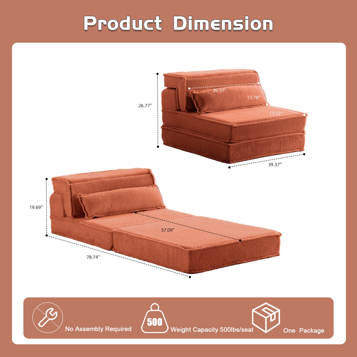 Compression Mahjong Sofa,Convertible Floor Sofa Bed,DIY Boneless Modular Sectional Sofa,No Assembly Required,Circle Fleece Fabric,Oversized Single Sofa With 1 Pillow,Orange