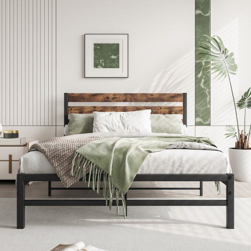 Full Size Platform Bed Frame With Rustic Vintage Wood Headboard, Strong Metal Slats Support Mattress Foundation, No Box Spring Needed Rustic Brown