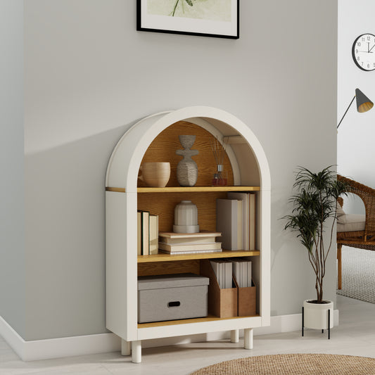 Arched Small Bookcase,Arched Storage Cabinet,Wooden Modern Arched Top Bookshelf With 3 Shelves,White With Woodgrain Shelves, 3-Tier Storage Shelf For Living Room, Bedroom, Entryway