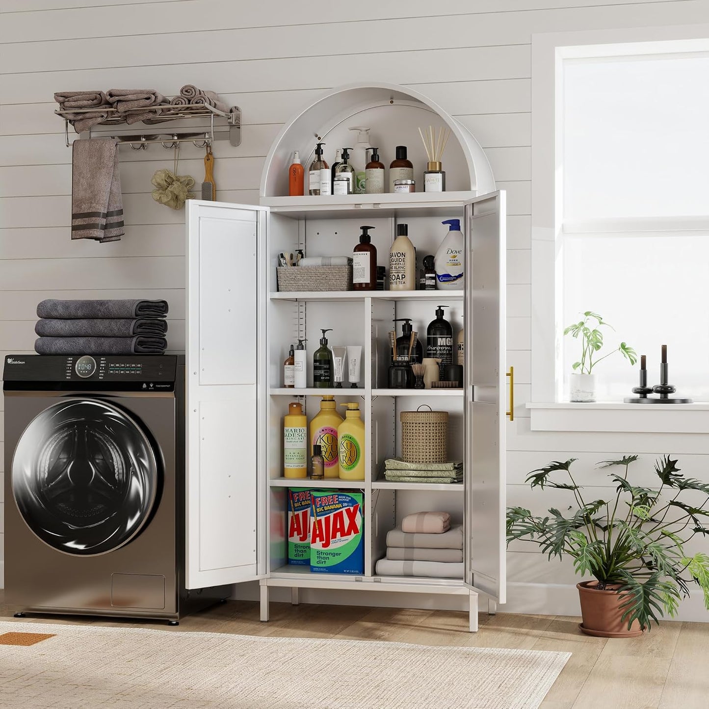White Kitchen Pantry Cabinet, Arched Storage Cabinet With Doors And Adjustable Shelves, Tall Freestanding Cupboard For Laundry, Dining Room, Living Room, Bathroom