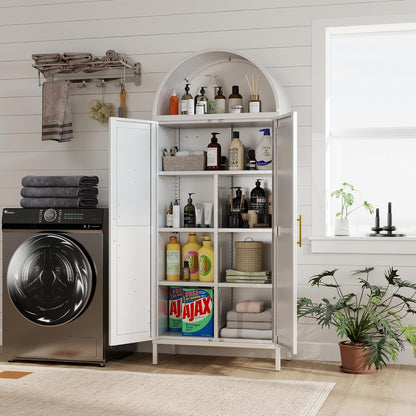 White Kitchen Pantry Cabinet, Arched Storage Cabinet With Doors And Adjustable Shelves, Tall Freestanding Cupboard For Laundry, Dining Room, Living Room, Bathroom