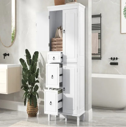 Retro Multi-Functional Storage Cabinet With Adjustable Shelves, 3 Drawers, And 3 Enclosed Compartments   Stylish And Versatile Organizer For Living Room, Kitchen, Or Office, White
