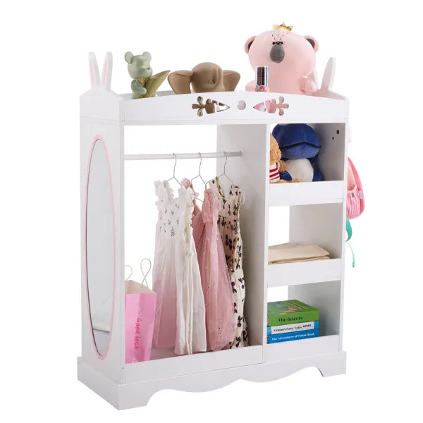 White MDF + Particleboard Children's Wardrobe With 1 Mirror, 3 Shelves, And 1 Clothes Rod; Rabbit Ear Design