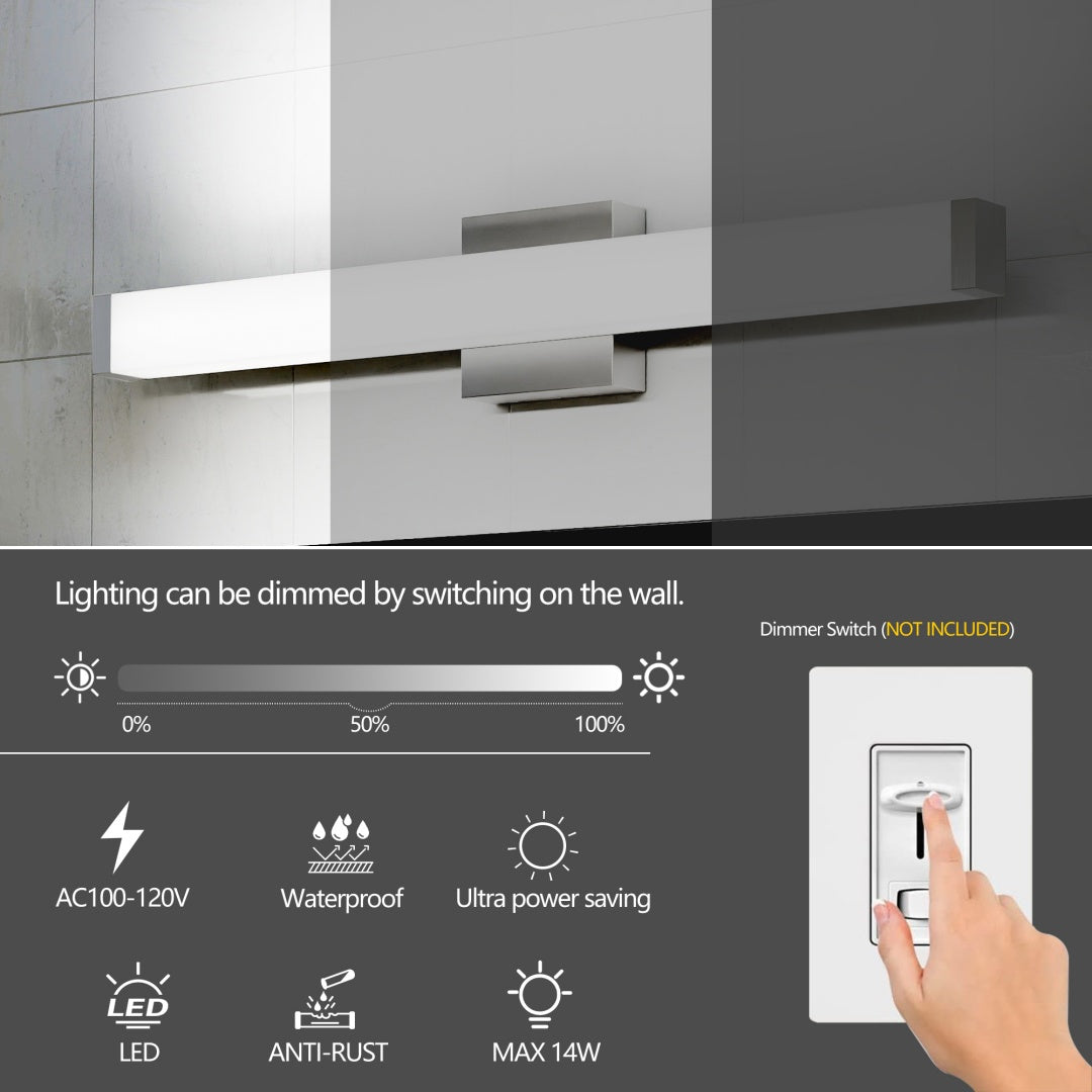 Bathroom Vanity Light Brushed Nickel Square LED 25 Inch 14W 6000K Cool White Light Wall Bar Lighting Fixtures Over Mirror -Brushed Nickel, 25in