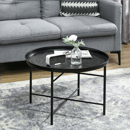 Coffee Table For Living Room, 24inch Round Center Table With Hammered Tray Top And Metal Frame For Bedroom, Black