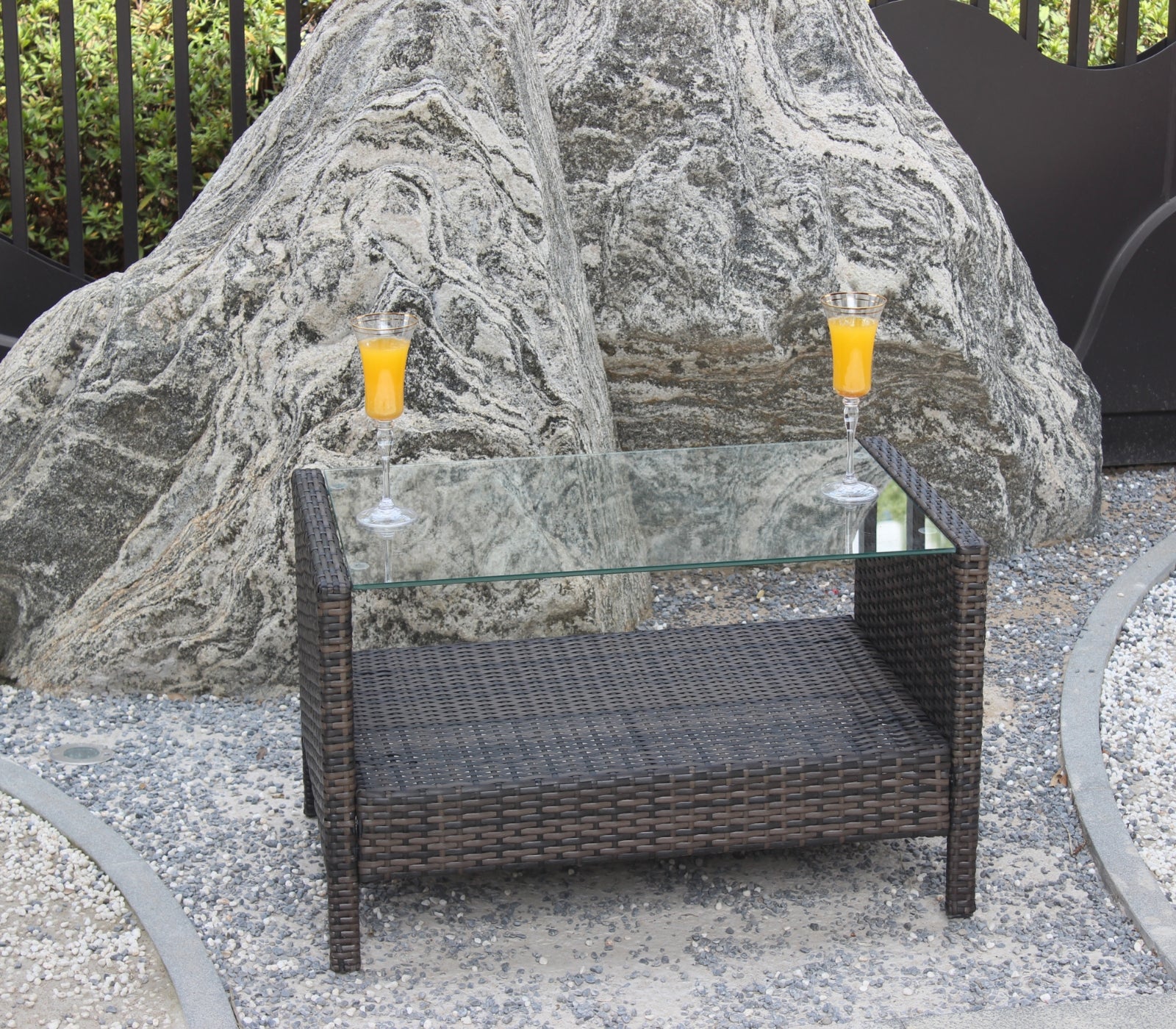 Brown Iron Coffee Table Tempered Glass Patio