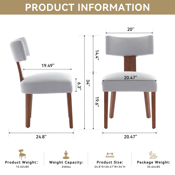 064-Set Of 2 Linen Fabric Modern Armless Dining Chairs With Curved Backrest And Solid Wooden Legs For Dining Room Living Room ,Gray