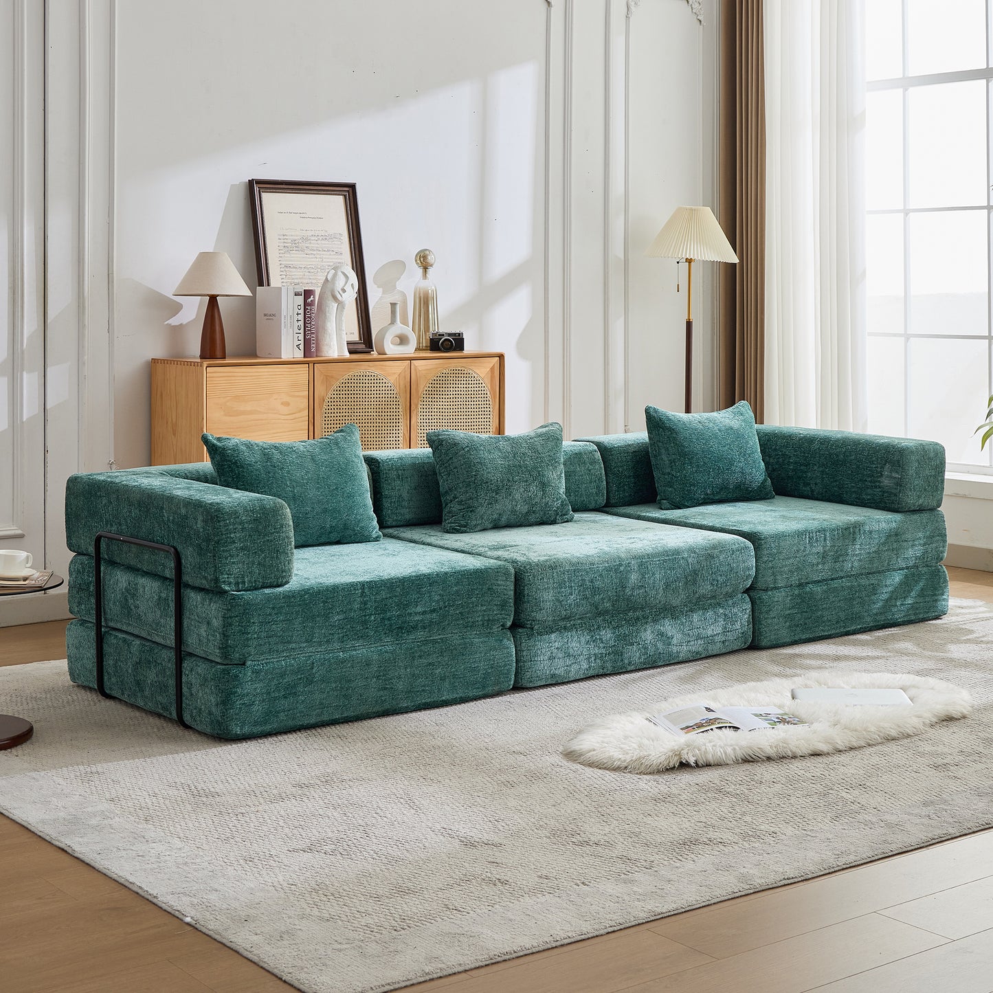Compression Sofa,Convertible Floor Sofa Bed With Fixed-Shape Frame, Boneless Modular Sectional Sofa,No Assembly Required,Chenille Fabric,for Living Room Bedroom,Dark Green