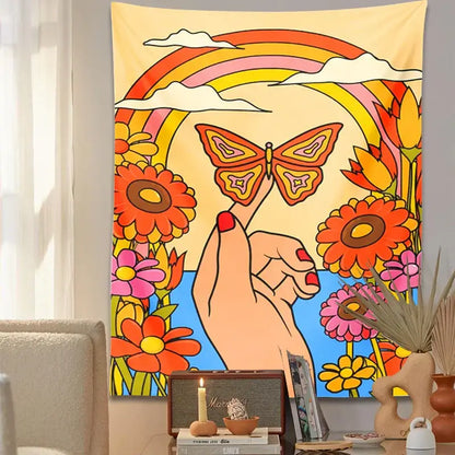 Vibrant 70s psychedelic butterfly rainbow tapestry wall art featuring a hand with red nails orange butterfly and flowers