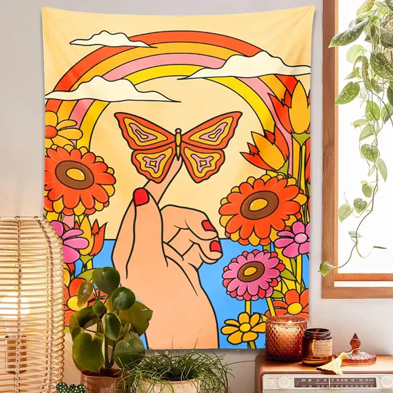 Vibrant 70s psychedelic butterfly rainbow tapestry wall art featuring hand with red nails touching orange butterfly decorbites butterfly rainbow