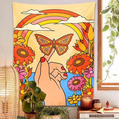 Vibrant 70s psychedelic butterfly rainbow tapestry wall art featuring hand with red nails touching orange butterfly decorbites butterfly rainbow