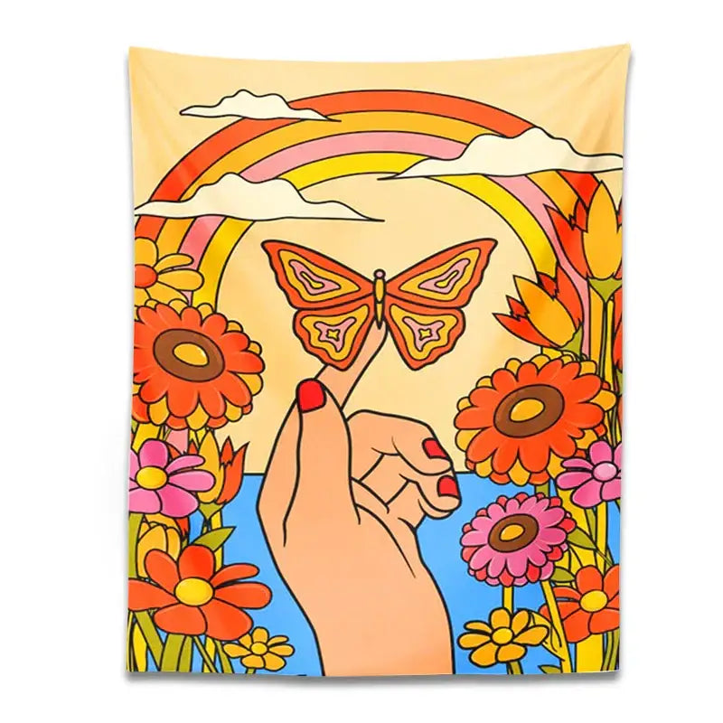 A vibrant 70s psychedelic butterfly rainbow tapestry wall art featuring a hand touching a colorful butterfly and bold flowers