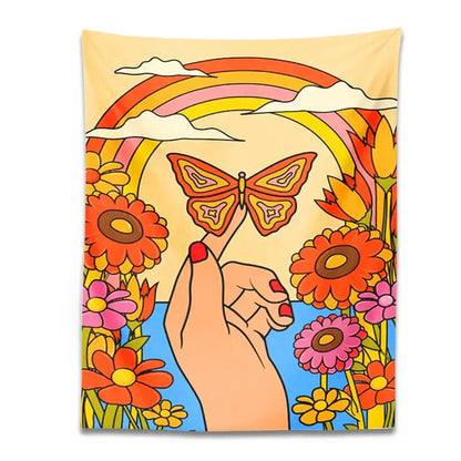 A vibrant 70s psychedelic butterfly rainbow tapestry wall art featuring a hand touching a colorful butterfly and bold flowers