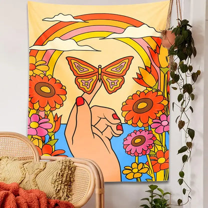 Vibrant 70s psychedelic butterfly rainbow tapestry wall art featuring a hand with red nails holding a butterfly and flowers