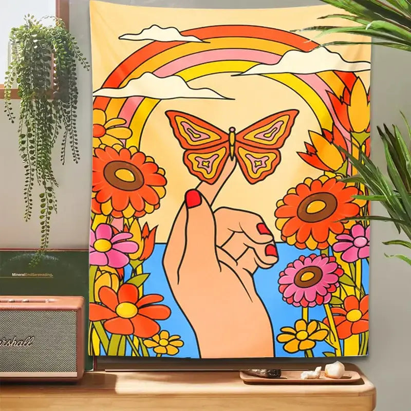 Vibrant 70s psychedelic butterfly rainbow tapestry wall art featuring a hand with red nails and colorful floral decorbites butterfly rainbow design