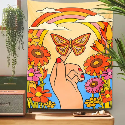 Vibrant 70s psychedelic butterfly rainbow tapestry wall art featuring a hand with red nails and colorful floral decorbites butterfly rainbow design