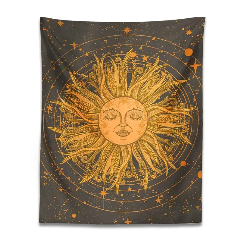 70s retro celestial sun moon wall tapestry with golden sun and feather-like rays on dark gray starry decorbites celestial sun