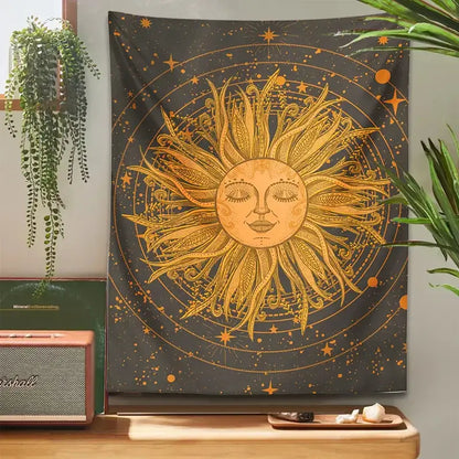 A 70s retro celestial sun moon wall tapestry featuring a golden feathered celestial sun on dark starry decorbites background