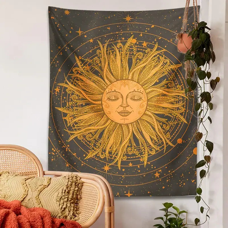 A 70s retro celestial sun moon wall tapestry featuring a golden feathered sun on a dark gray cosmic background for decorbites celestial sun decor