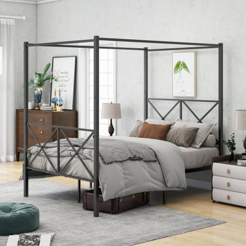 Black Metal Canopy Bed Sturdy Frame Design