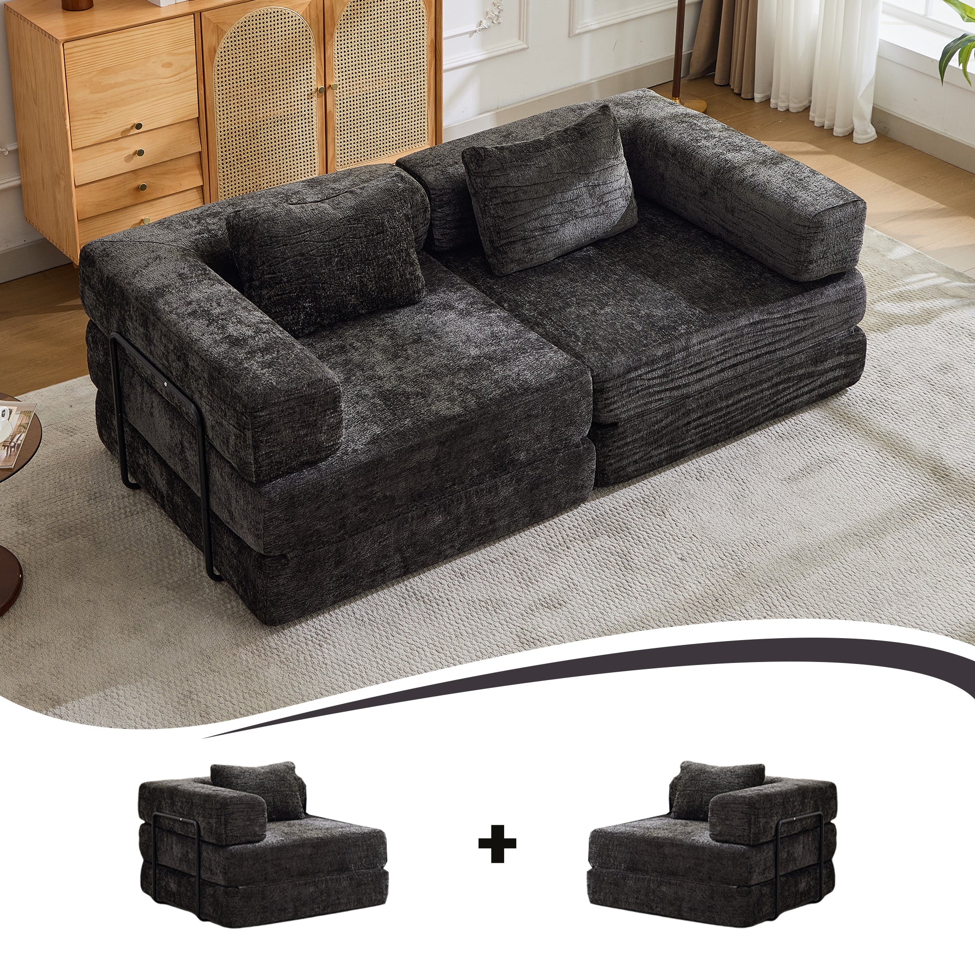 Black Chenille Loveseat Sofa Compact Fixed Frame