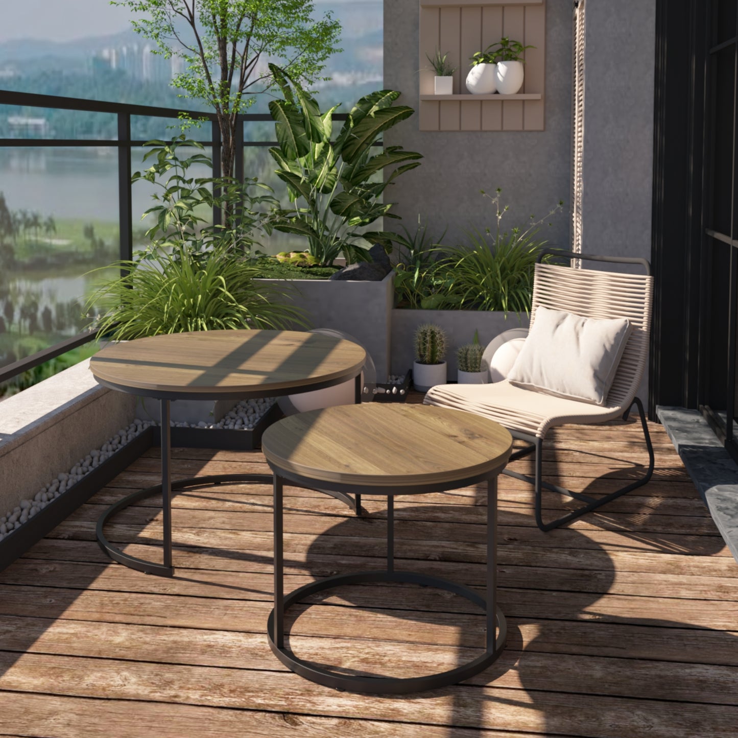 Nesting Coffee Table Set Of 2, 27.6inch Round Coffee Table Industrial Wood Finish With Sturdy Metal