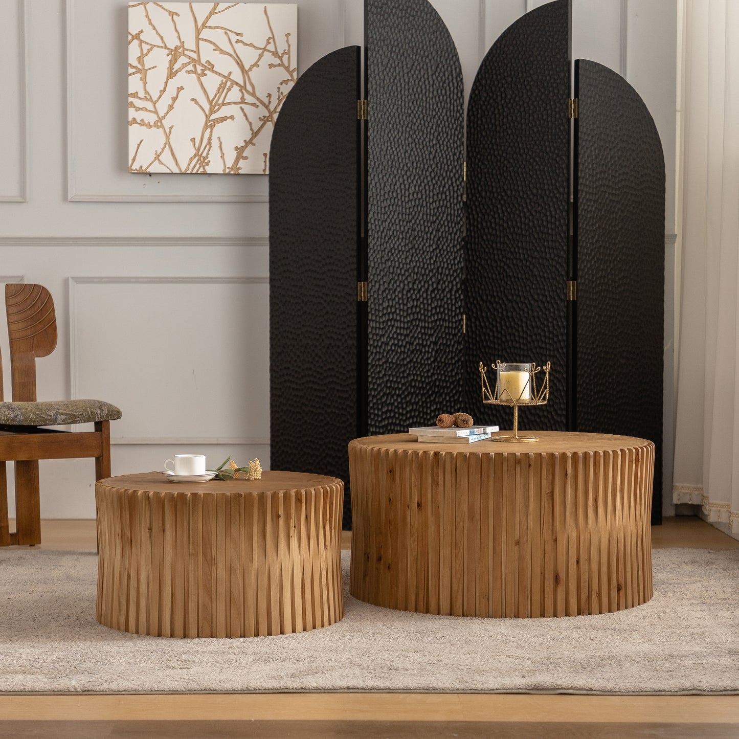 Vintage Fashion Style Cylindrical Nesting Coffee Table Set With Vertical Textured Embossed Design For Living Room, Office And Dining Room, Natural Set Of 2