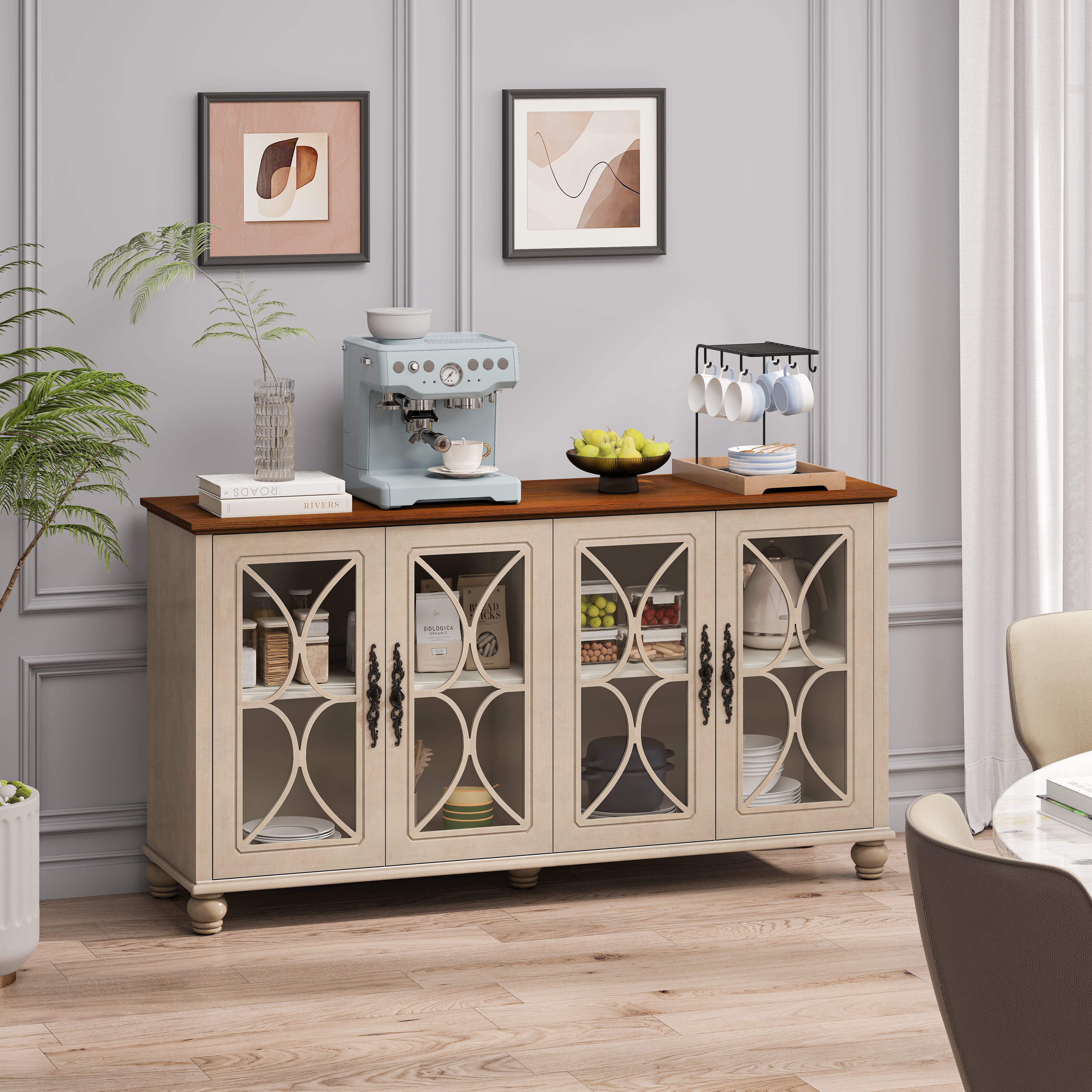 Beige Antique Glass Cabinet