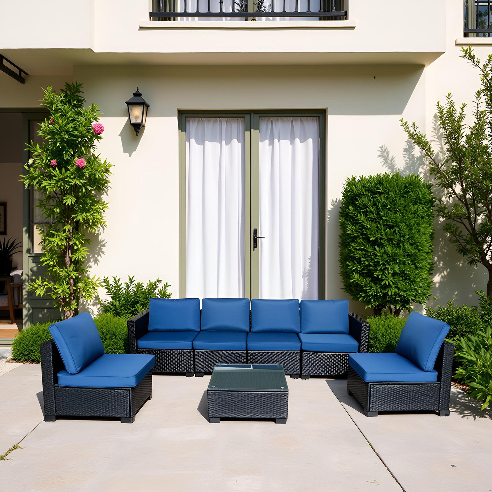Blue Cushioned Rattan Sofa Set