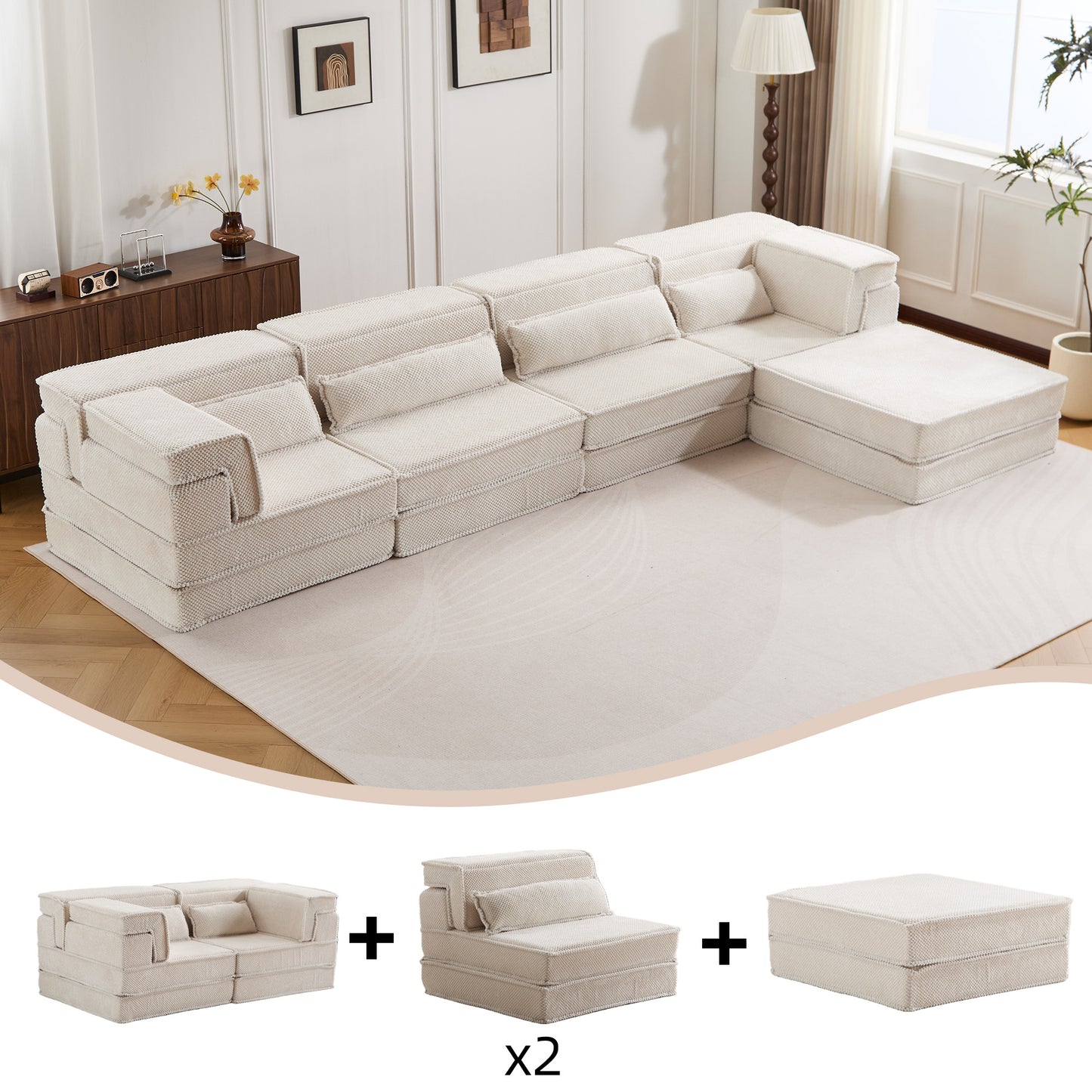 Compression Mahjong Sofa,Convertible Floor Sofa Bed,DIY Boneless Modular Sectional Sofa,No Assembly Required,Circle Fleece Fabric,Oversized 4 Seater With 1 Ottoman,White