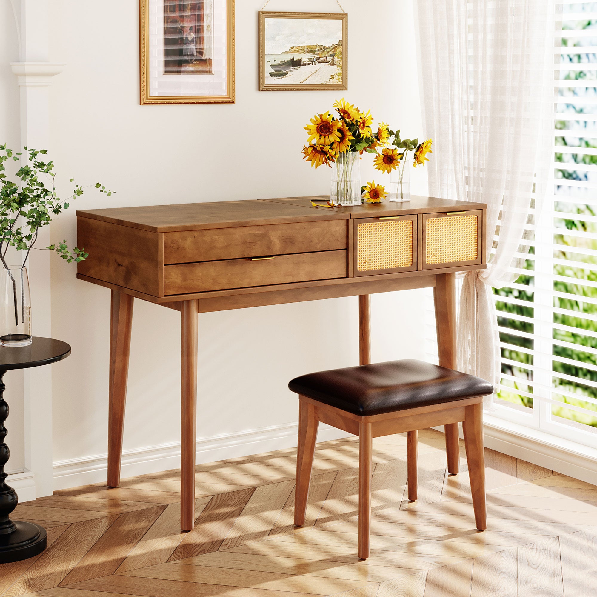 Wood Makeup Vanity Set Flip-top Mirror Dressing Table