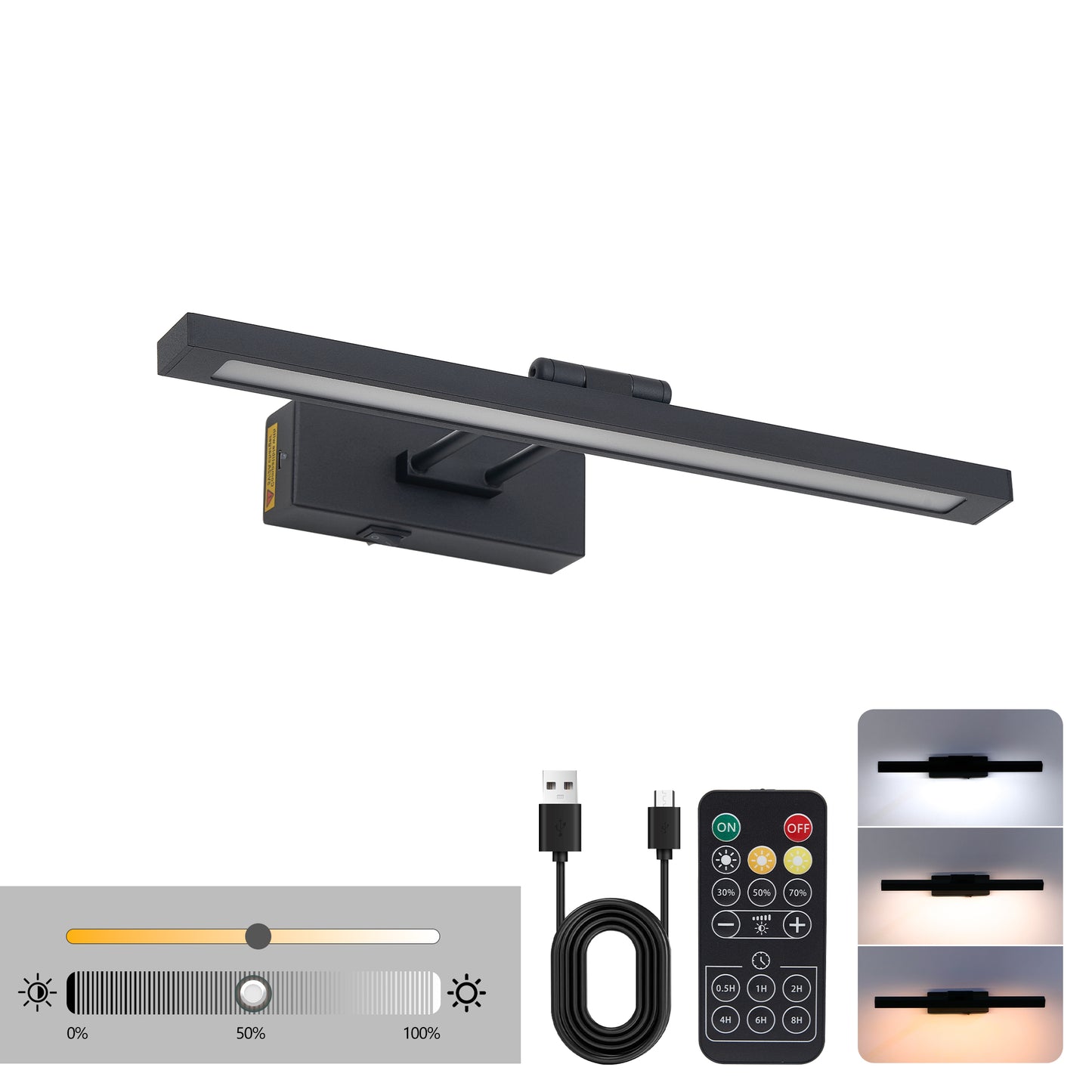 Picture Light Battery Operated With Remote, LED Black Art Lights For Paintings Rechargeable Dimmable And Timer, 16in Wall Sconce For Art Painting Gallery Adjustable Swing Arm For Display