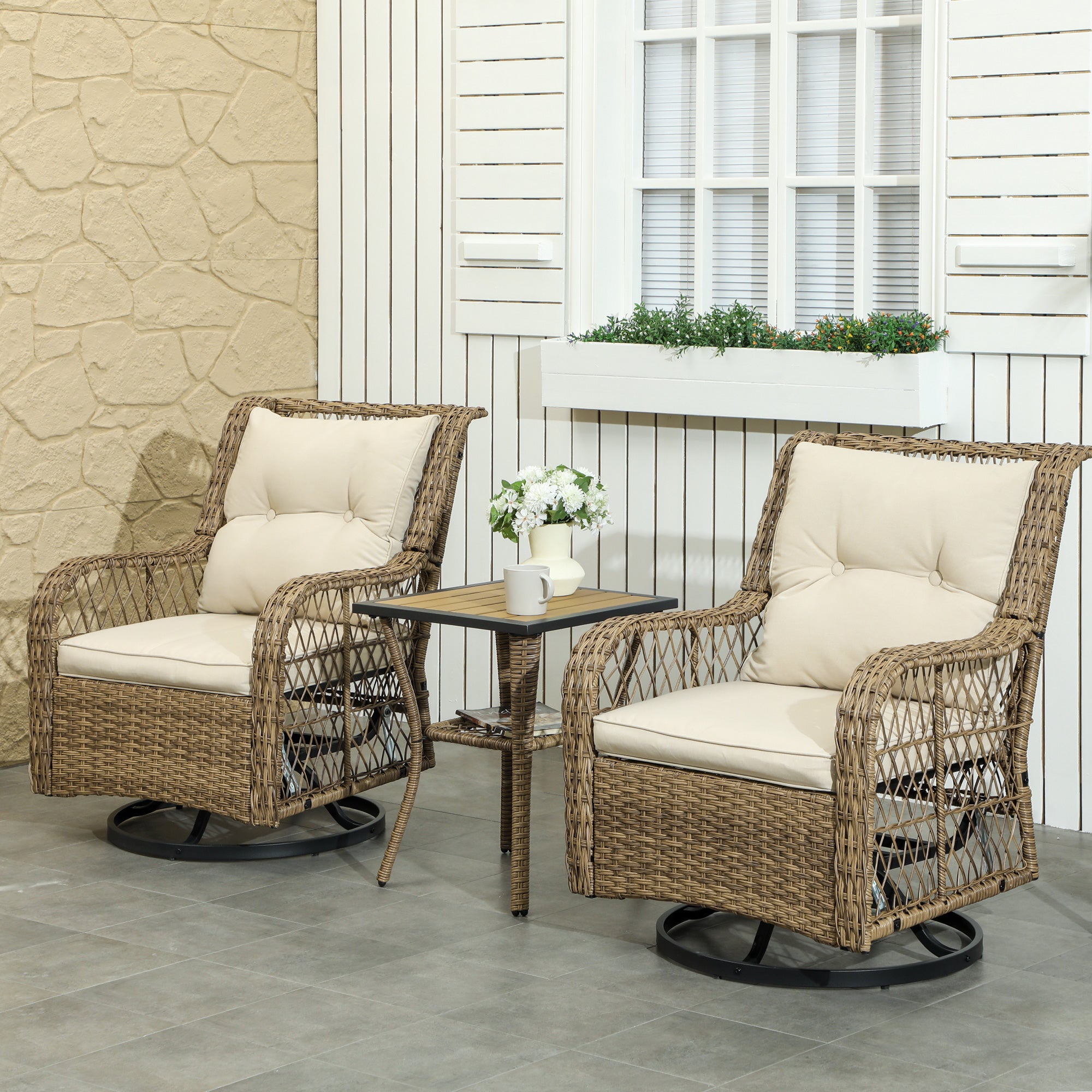 Wicker Bistro Set Swivel Chairs Patio Beige