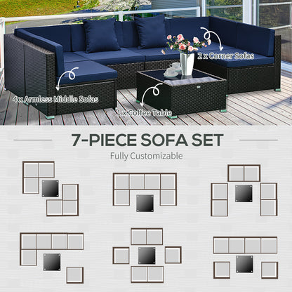 7-Piece Rattan Couch, Outdoor Patio Furniture Set, With Removable Cushions And Ottoman, Glass Coffee Table- Dark Coffee  Blue